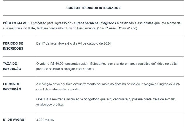 Processo para ingresso nos cursos técnicos subsequente