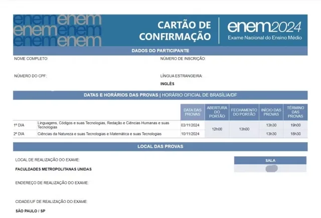 Cartão de confirmação do enem