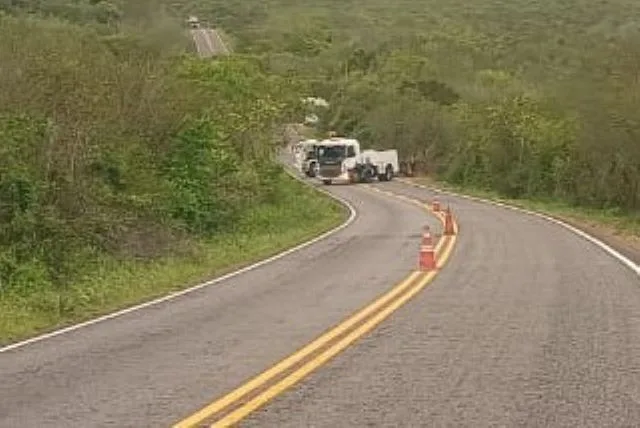 Caminhão-tanque tomba após desviar de animais na BR-330