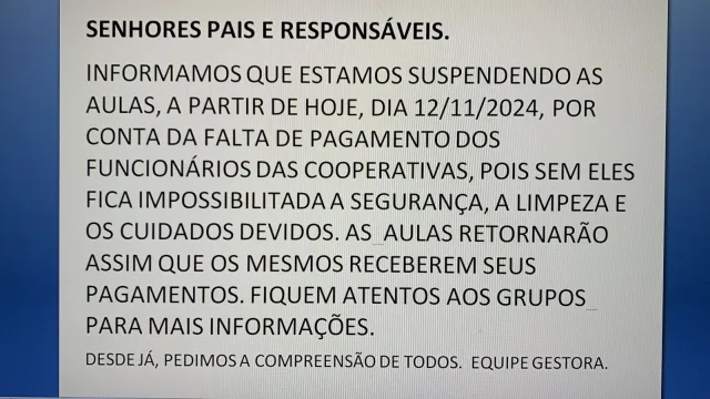 aviso - paralisação de aulas em escola municipal - reprodução-