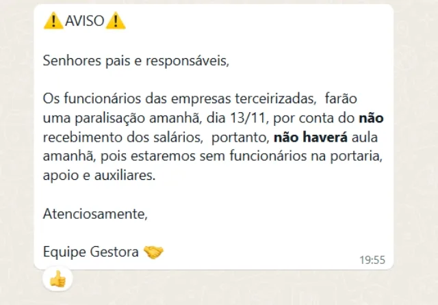 aviso - paralisação de aulas em escola municipal - reprodução-