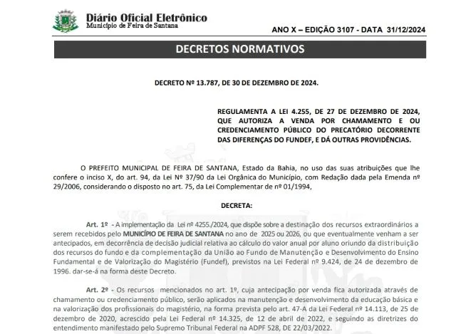 Publicado decreto que regulamenta antecipação dos recursos do Fundef aos professores da rede municipal de Feira de Santana