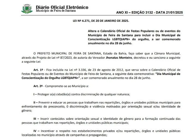 Feira de Santana institui Dia Municipal de Conscientização LGBTQIAPN+ no calendário oficial