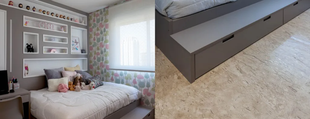 Nesse quartinho a arquiteta Cristiane Schiavoni idealizou uma cama com marcenaria planejada e ainda considerou um ‘degrau’ que facilita o acesso e ainda é uma gaveta