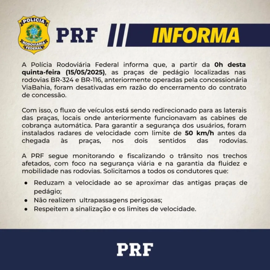 50 km/h: Dnit reduz limite de velocidade em radares próximos às praças de pedágio desativadas nas BRs 324 e 116