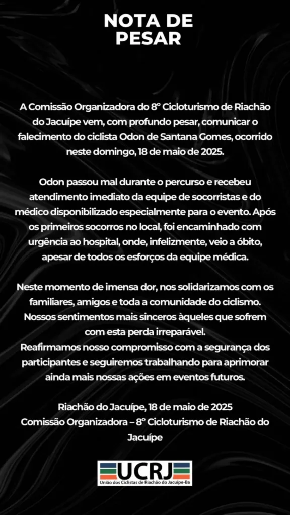 Ciclista Odan passa mal e morre
