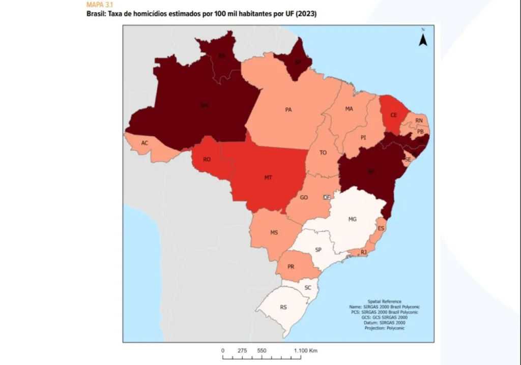 Brasil: Taxa de homicídios estimados por 100 mil habitantes por UF (2023)