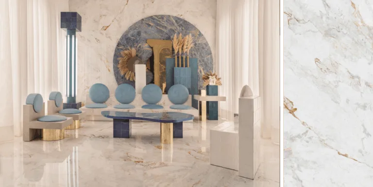 Exibindo seus veios dourados e cinzas, o porcelanato da série Mármore Paraná, da Roca Cerámica, reproduz fidedignamente a rocha natural em dois acabamentos: o polido, realçando seu brilho característico, e o mate, que confere um aspecto mais fosco | Fotos: Divulgação Roca Cerámica