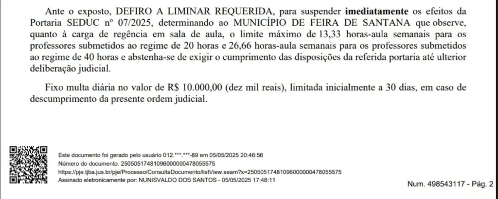 Justiça suspende portaria da Prefeitura de Feira que aumentava carga horária de professores