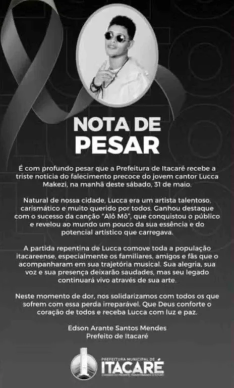 Nota da Prefeitura de Itacaré sobre morte do cantor Lucca Makezi