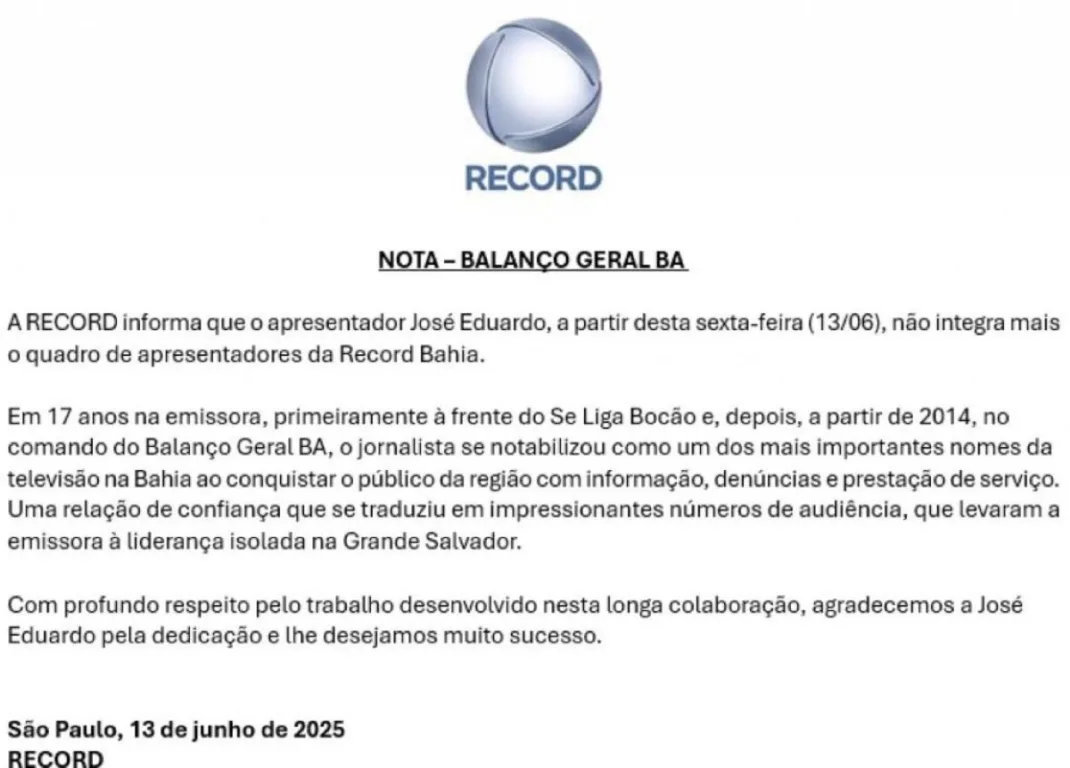 José Eduardo é demitido da Record Bahia após 17 anos