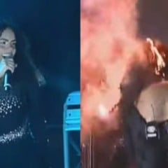 Fogo atinge cabelo de backing vocal da banda Limão com Mel