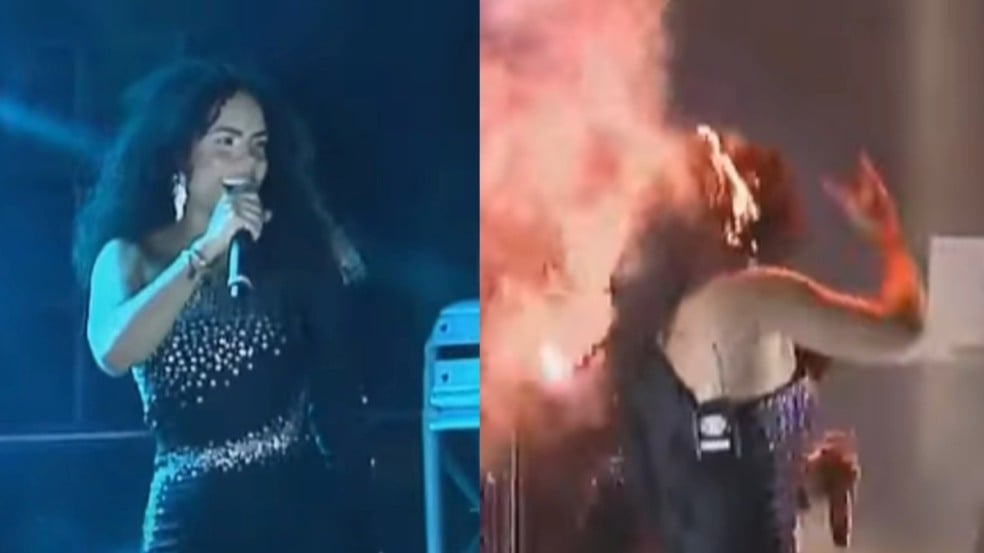 Fogo atinge cabelo de backing vocal da banda Limão com Mel