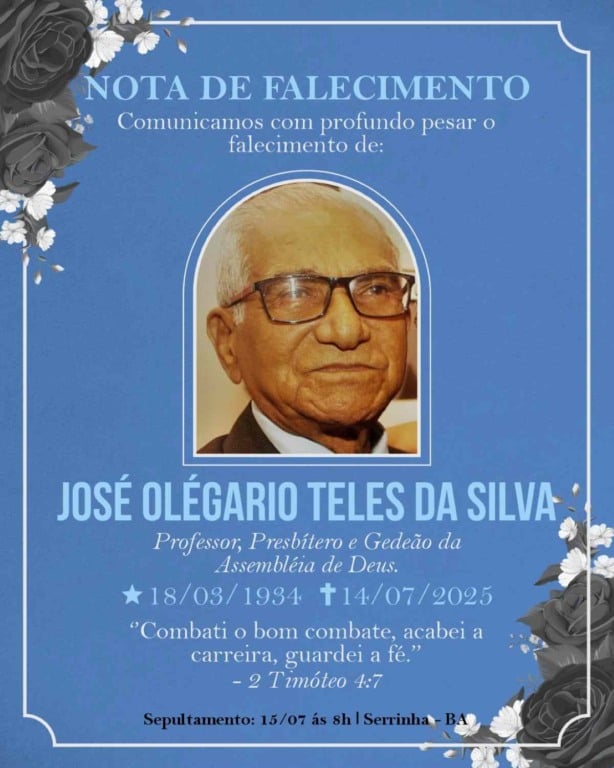 Morre aos 91 anos José Olegário Teles da Silva, professor, líder sindical e presbítero