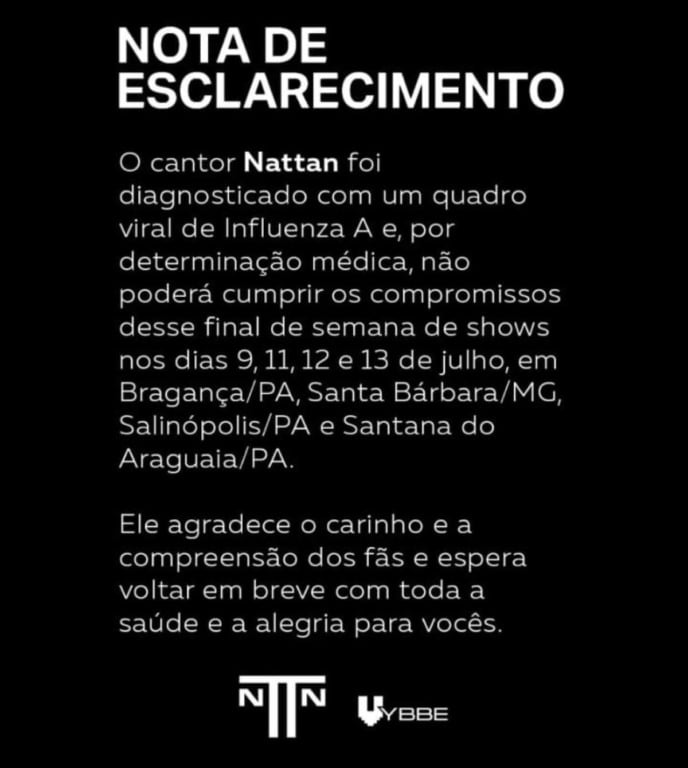 Cantor Nattan cancela shows após diagnostico de Influenza A