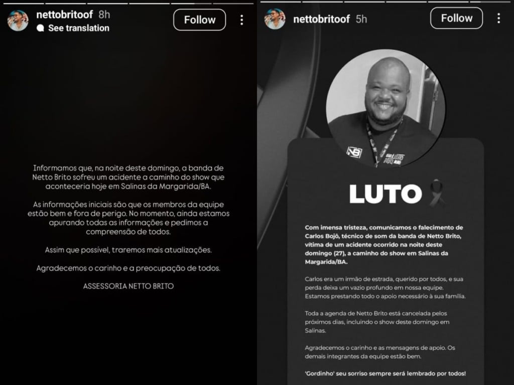 Notas da banda de netto brito após o acidente