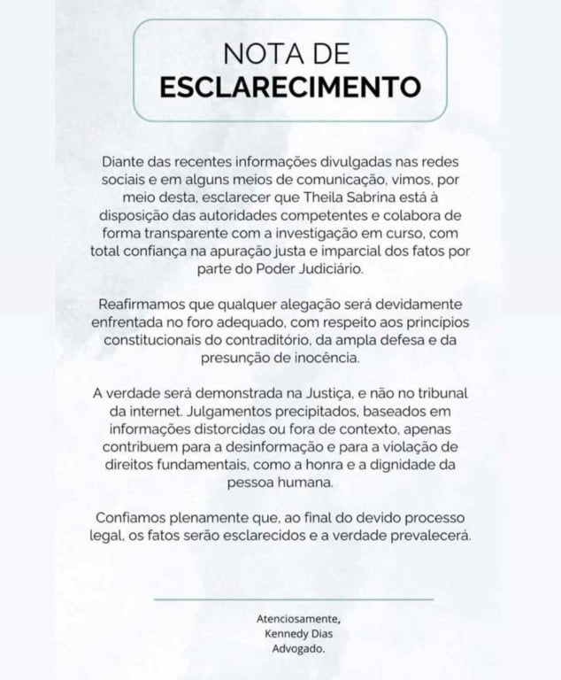 nota de esclarecimento influenciadora acusada de praticar extorsão