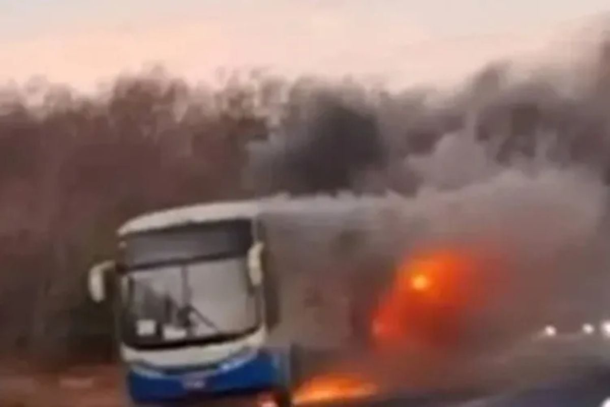 Ônibus da Novo Horizonte pega fogo na BR-030 em Guanambi