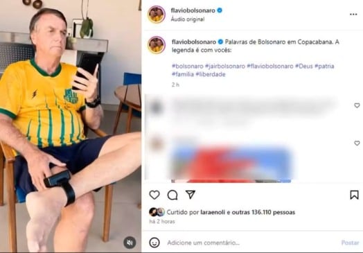 Flávio Bolsonaro postou imagem do pai, de casa, falando ao telefone com ele no ato em Copacabana