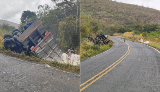 Carreta tomba em Jequié e tem parte da carga saqueada