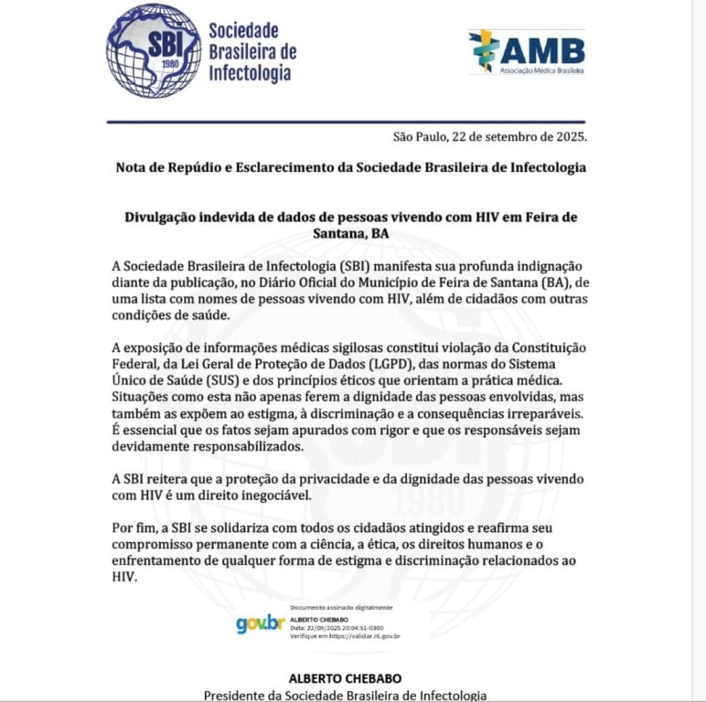 Sociedade Brasileira de Infectologia repudia exposição de pacientes com HIV em Feira de Santana