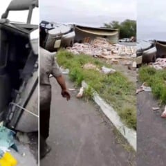 Carreta com carne suína tomba na BR-116 e carga é saqueada