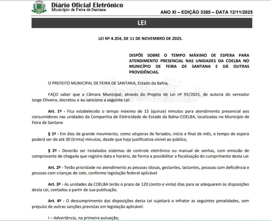 Lei garante tempo máximo de espera para consumidores nas unidades da Coelba em Feira de Santana