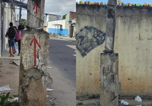 Poste danificado preocupa moradores do Sítio Novo em Feira de Santana; a população teme que caia sobre as residências