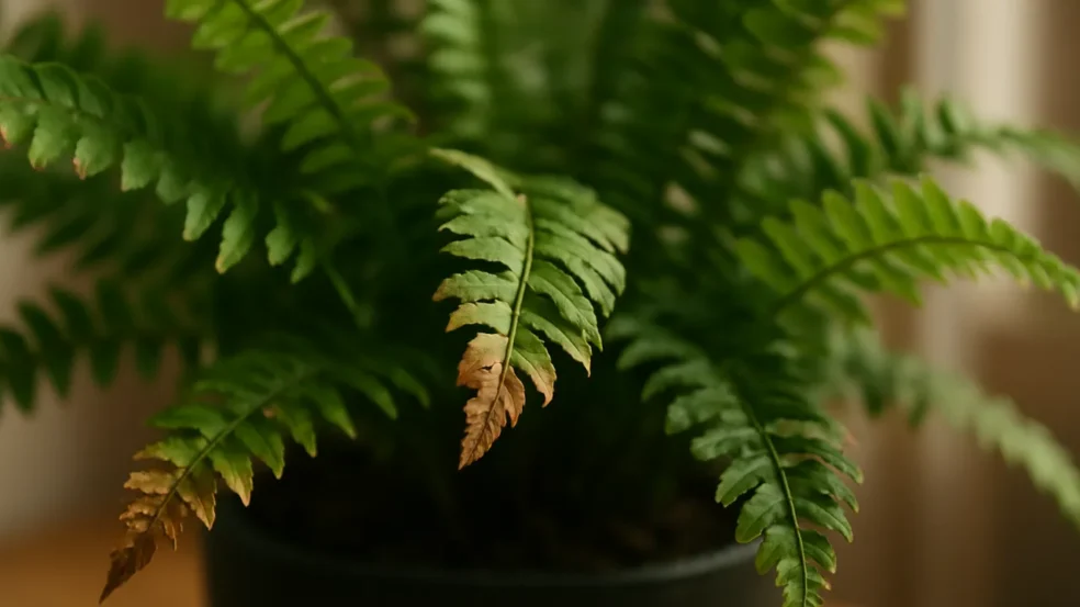 Esta falha de luz resseca as pontas das folhas da samambaia Esta falha de luz resseca as pontas das folhas da samambaia
