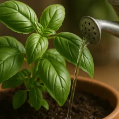 O método correto de regar manjericão para colher folhas abundantes sem queimar a planta