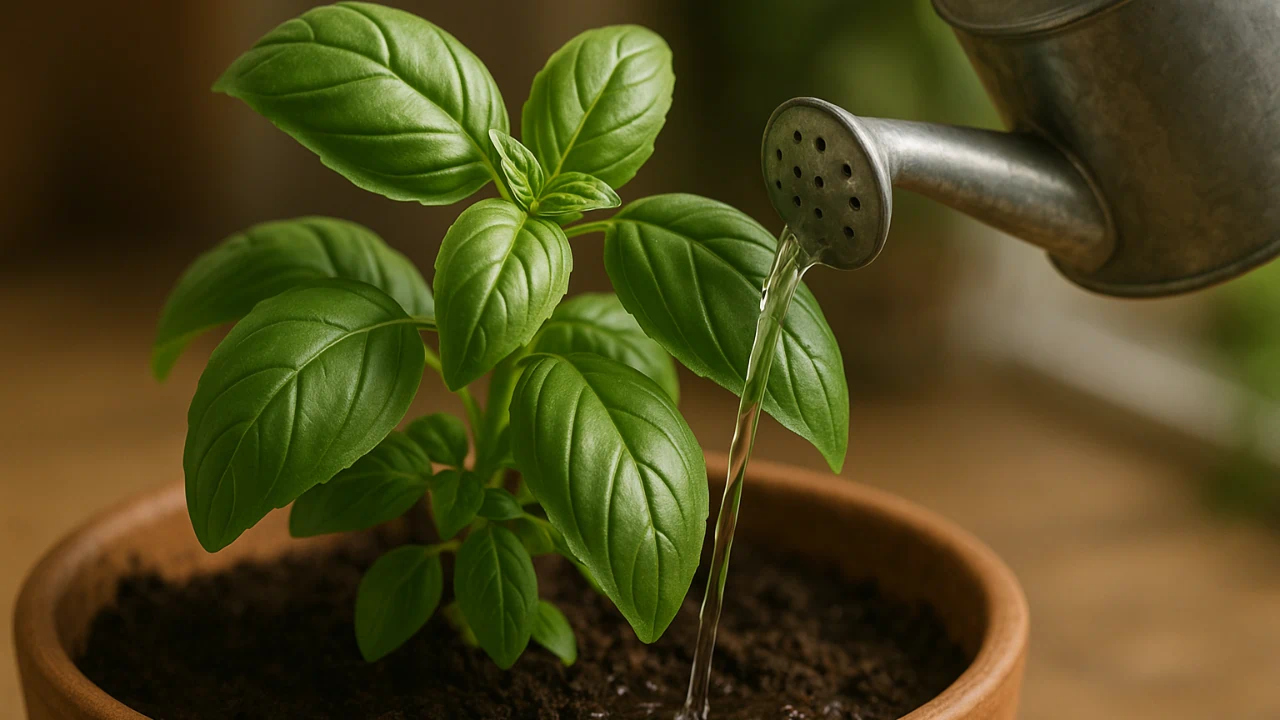 O método correto de regar manjericão para colher folhas abundantes sem queimar a planta