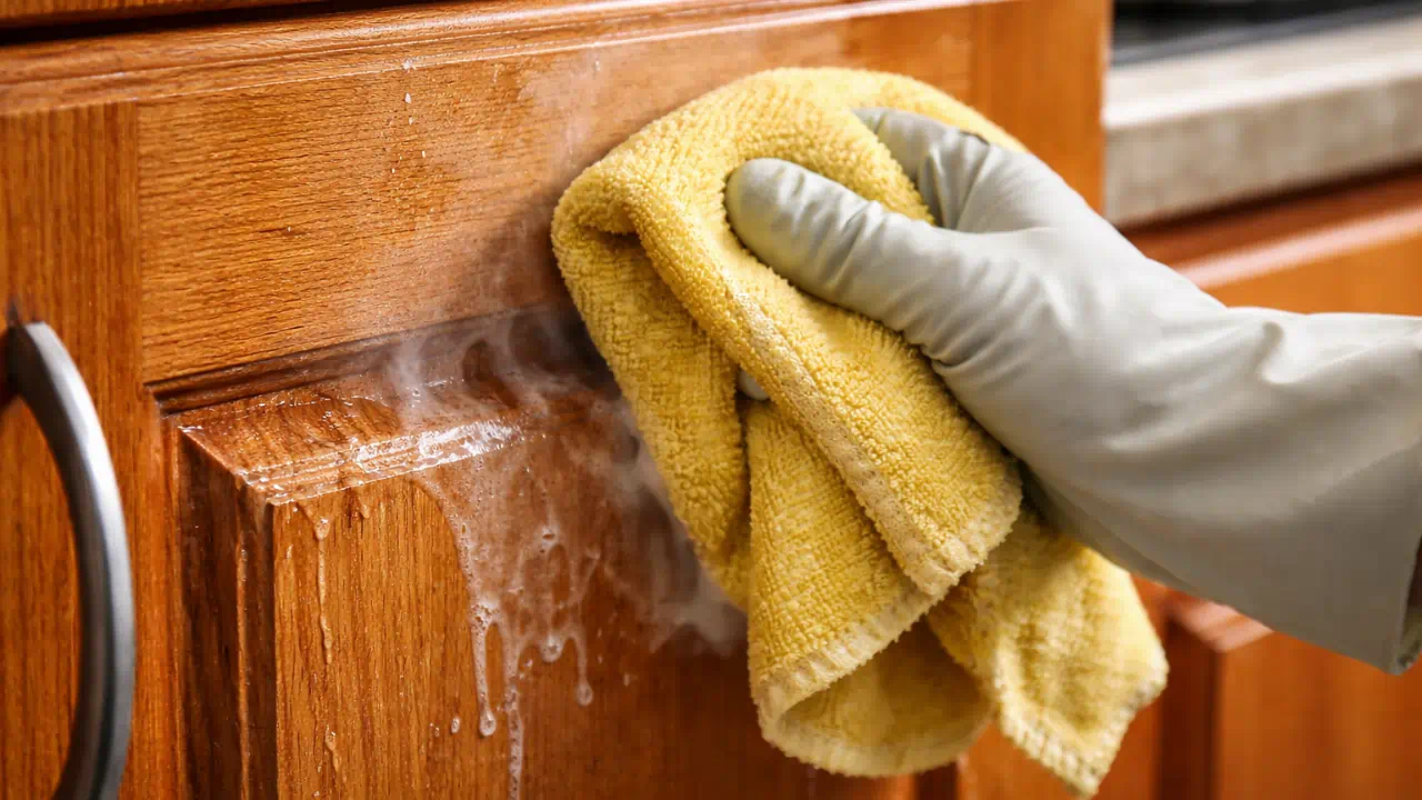 Um truque com água quente solta gordura endurecida dos armários antigos