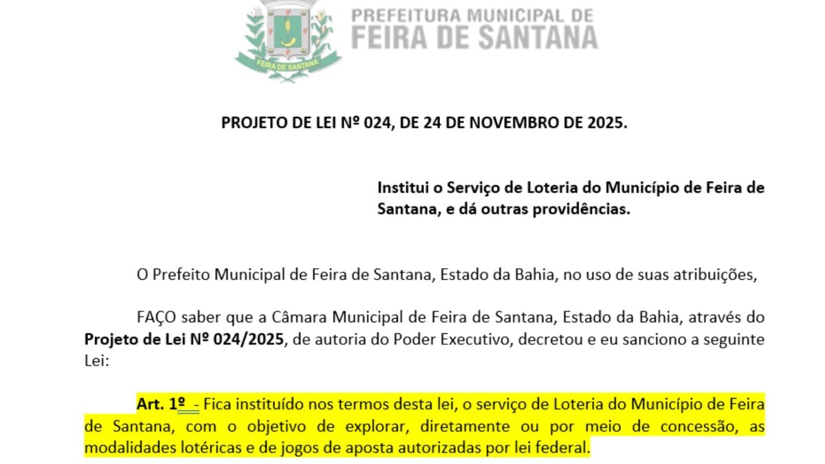 projeto de lei que cria loteria municipal em feira de santana