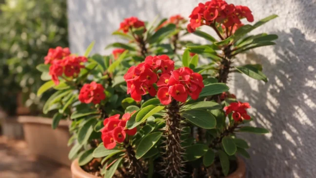 Coroa-de-cristo quanto sol diário garante flores constantes o ano inteiro