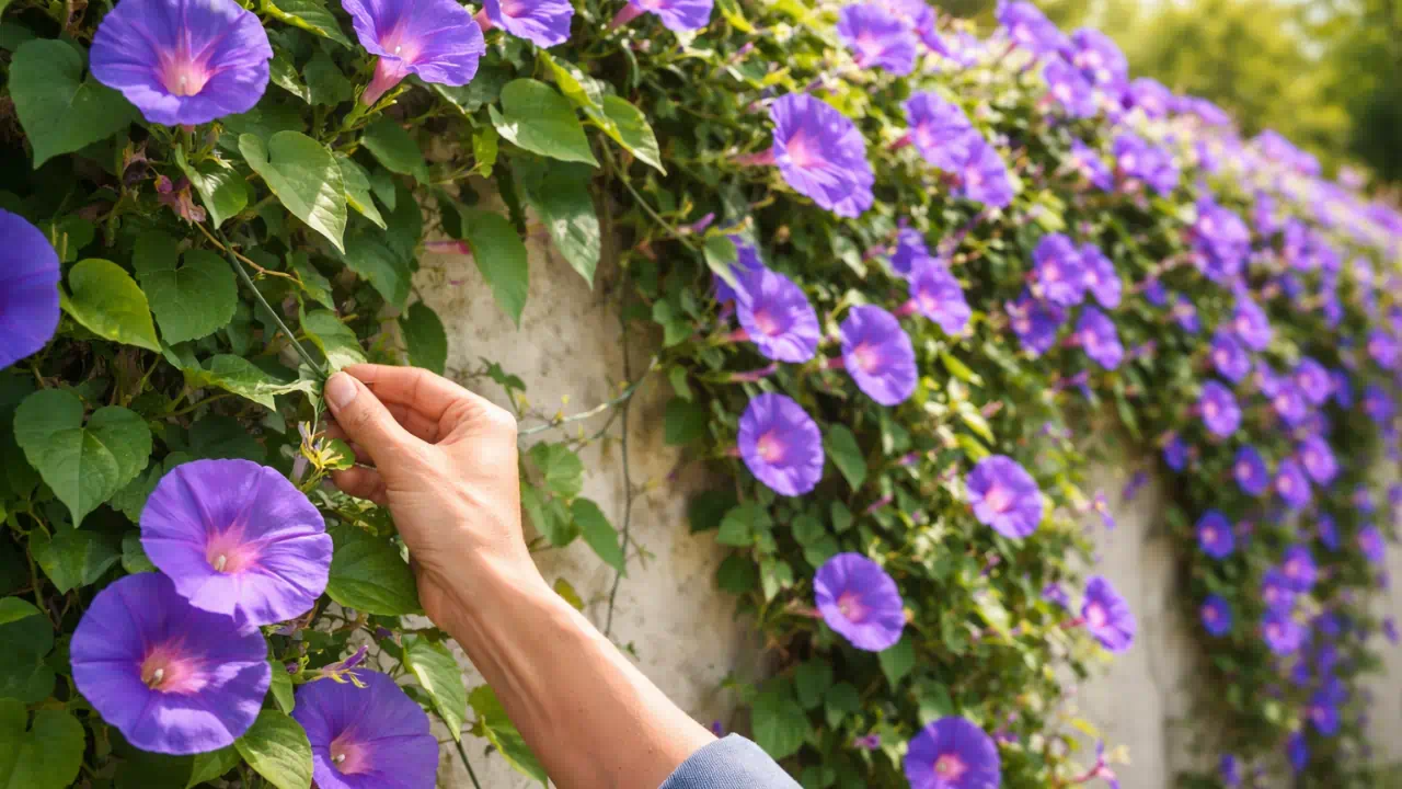 Ipoméia-roxa 5 conduções que transformam seu muro em um painel florido de impacto