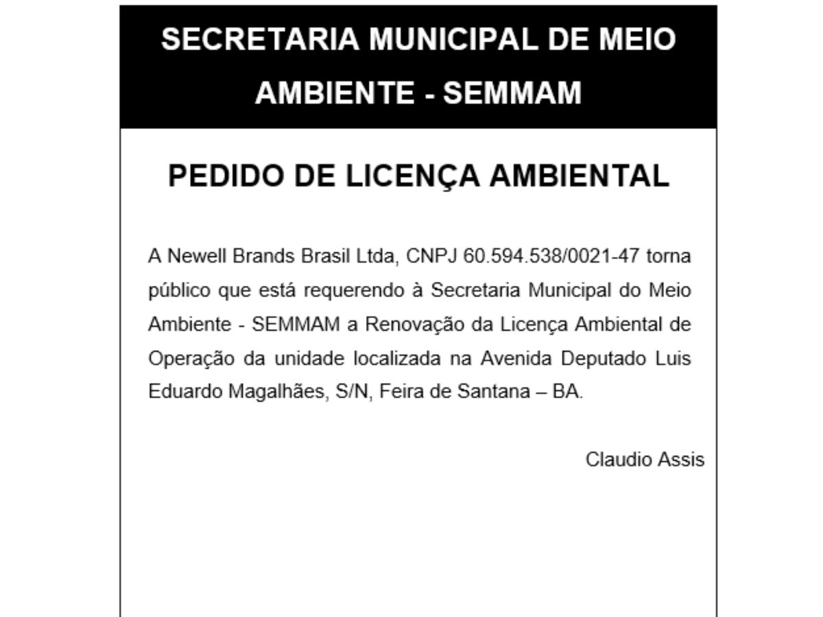 Newell Brands faz Pedido de Licença Ambiental