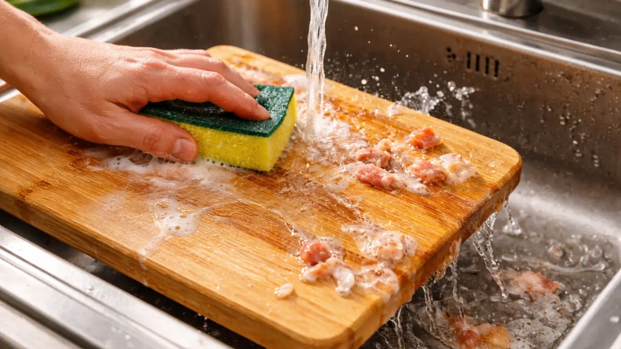O erro comum ao lavar a tábua de corte que espalha bactérias pela cozinha inteira (e você nem percebe)