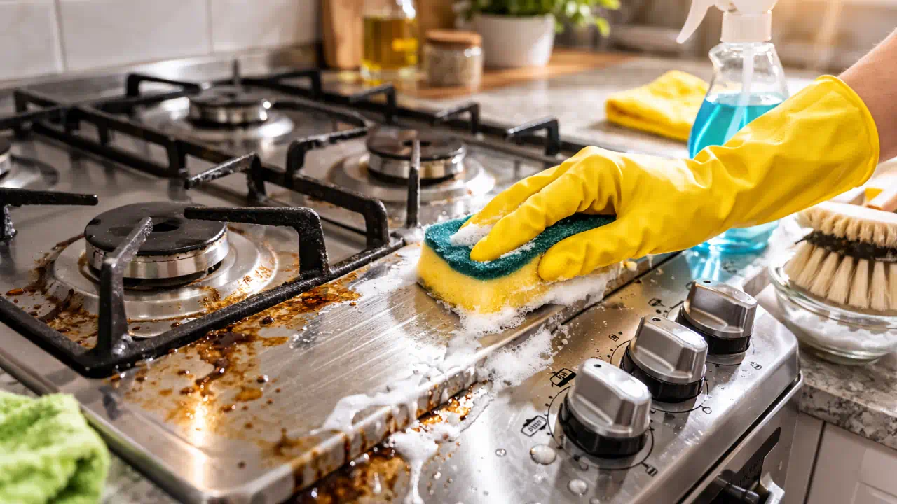 4 erros comuns ao limpar o fogão que deixam gordura acumulada nas bordas