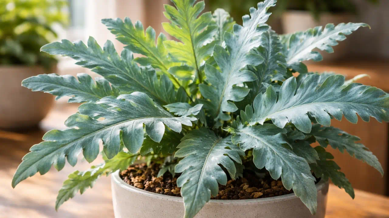 A phlebodium aureum amarela quando o solo seca completamente entre regas