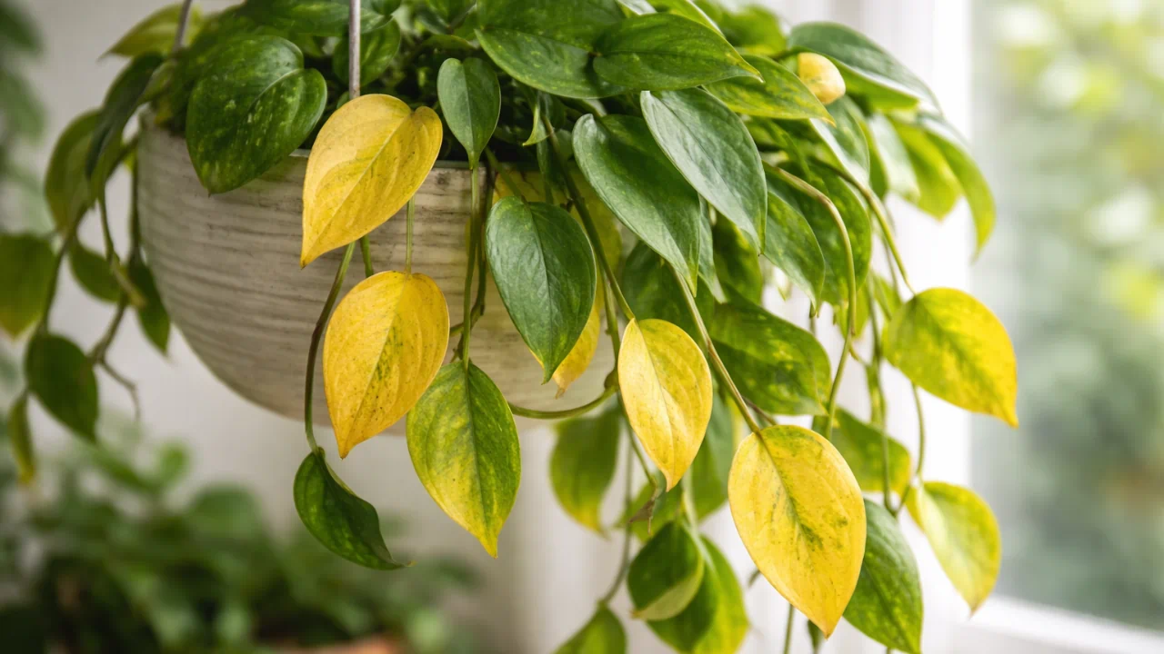 Folhas amareladas na planta-pêndula surgem quando 5 excessos de água se acumulam