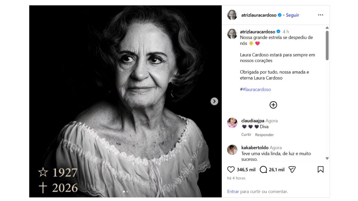 Comunicado da morte da atriz Laura Cardoso nas redes sociais