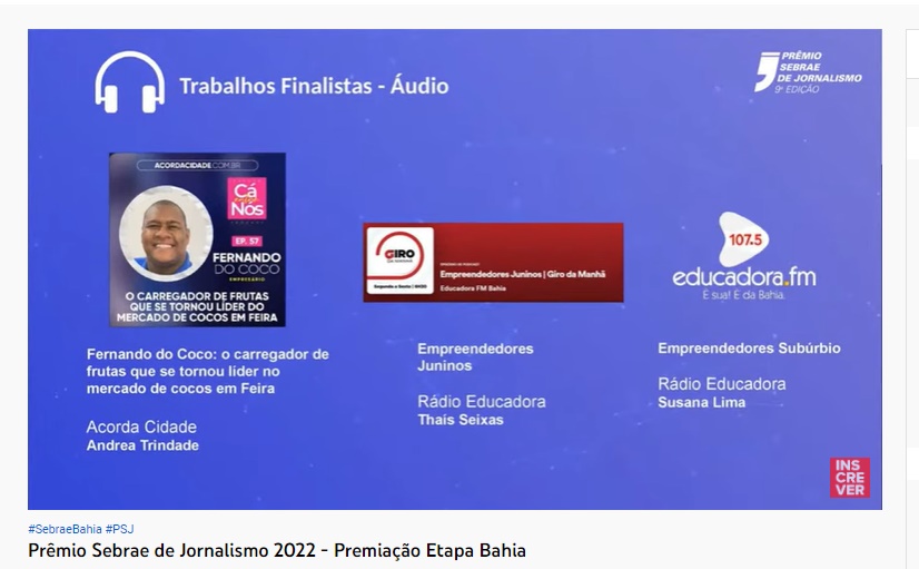 Podcast do Acorda Cidade entre os vencedores do 9º Prêmio Sebrae de Jornalismo