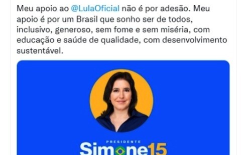 Simone Tebet declara apoio a Lula no segundo turno das eleições