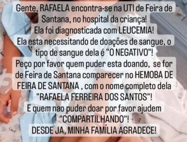 Mãe pede doação de sangue e plaquetas para ajudar filha internada no HEC