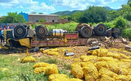 Motorista fica ferido após caminhão carregado de batatas tombar na BA-142