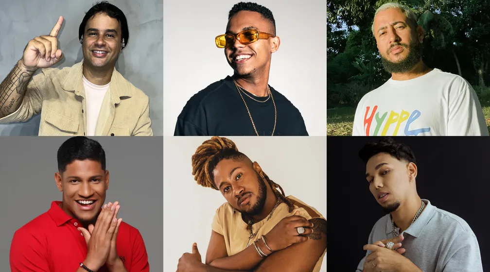 Compositores de 'Zona de perigo' (da esquerda, de cima): Lukinhas, Yvees Santana, Fella Brown, Adriel Max, Rafa Chagas e Pierrot Junior — Foto: Divulgação - 