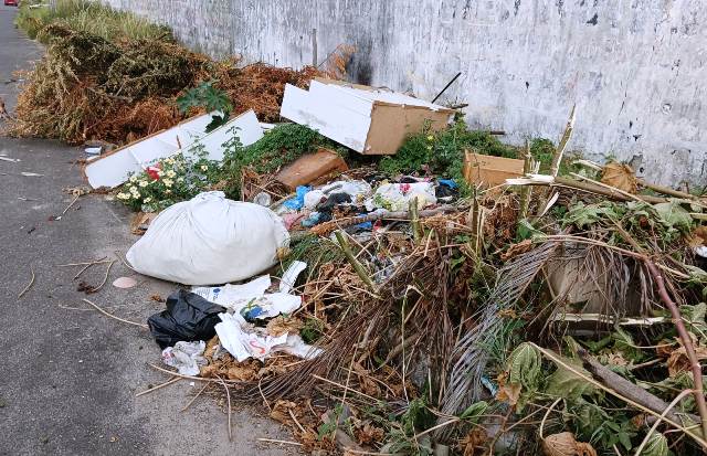 Muro de terreno localizado na Rua Maria Soares Cardoso, no bairro Parque Ipê, está servindo como ponto para o descarte irregular de lixo. (Foto: Paulo José/Acorda Cidade)