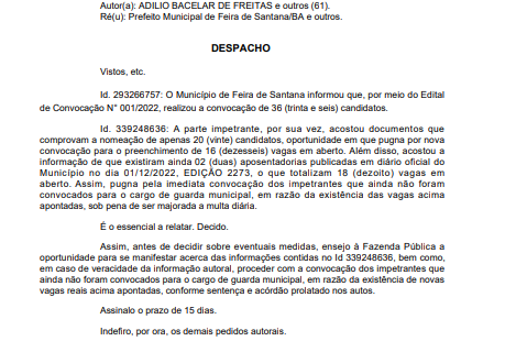 Despacho sobre convocações para a Guarda Municipal