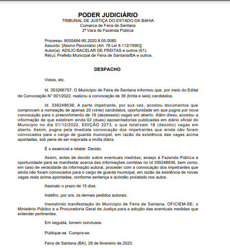 Despacho sobre convocações para a Guarda Municipal