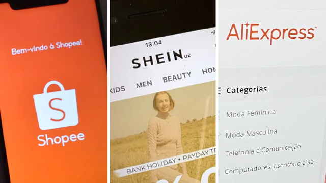 Apps da Shopee, Shein e AliExpress — Foto: Vivian Souza/g1; Reprodução/Shein e Aline Lamas/g1

